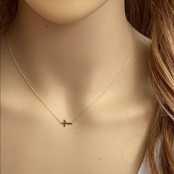 14K Solid Yellow Gold Mini Sideways Cross Necklace - Picture 3 of 7